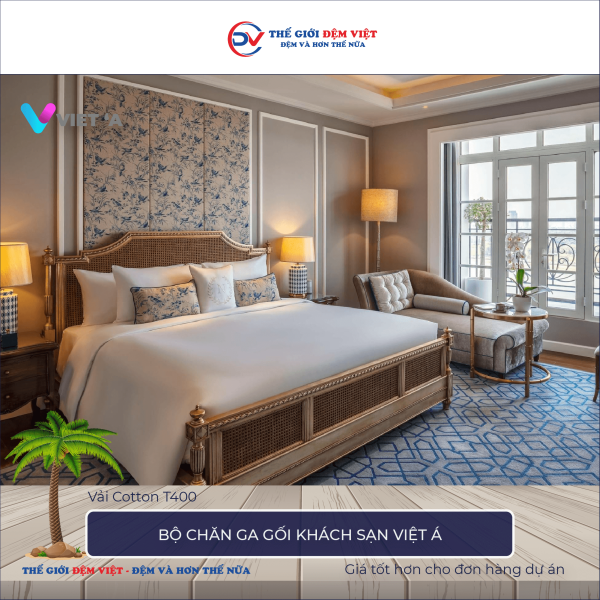 Bộ chăn ga gối khách sạn Việt Á vải Cotton T400 7-2